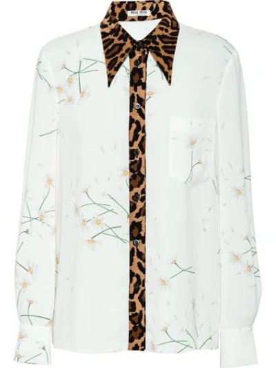 Miu Miu Daisy & Leopard Button-down Shirt In White Multi