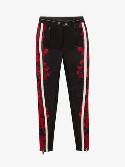 Alexander Mcqueen Rose-embroidered Racer-striped Leather Leggings In Black/red/white