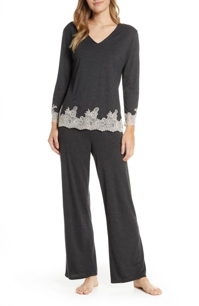 Natori Shangri La Luxe Lace-trim Pajama Set In Black