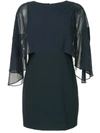 Halston Heritage Cape-sleeve Mini Dress W/ Floral Embroidery In Dark Navy