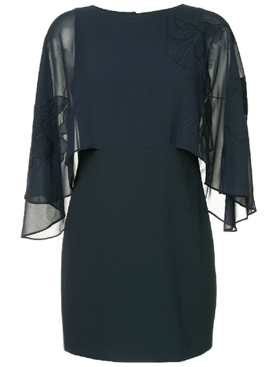 Halston Heritage Cape-sleeve Mini Dress W/ Floral Embroidery In Dark Navy