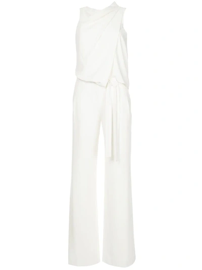 Halston Heritage Sleeveless Cowl Draped Jumpsuit W/ Sash In White