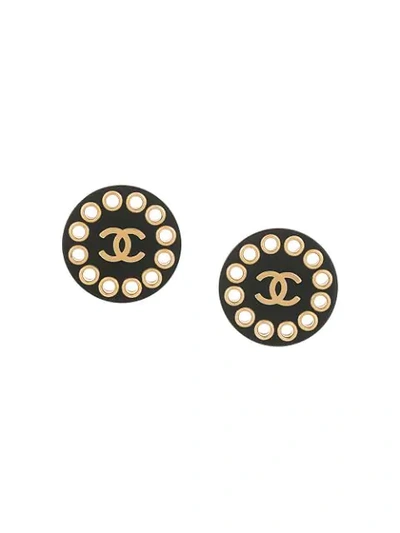 Pre-owned Chanel Vintage Cc Logos Button Earrings - Black