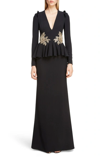 Alexander Mcqueen V-neck Long-sleeve Peplum-waist Trumpet Evening Gown W/ Floral-embellishment In Black