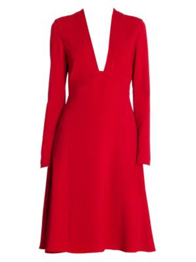 Stella Mccartney Deep-v Long-sleeve Fit-and-flare Stretch-cady Dress In Red