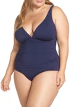 Tommy Bahama Plus Size Pearl Solid Ruched One-piece Swimsuit In Mare