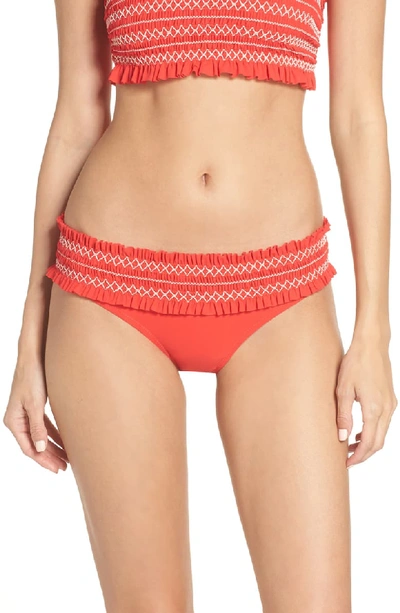 Tory Burch Costa Embroidered Hipster Swim Bikini Bottom In Poppy Red / New Ivory