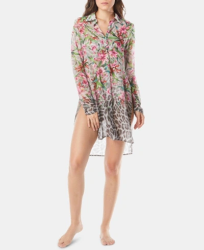Carmen Marc Valvo Ombre Floral/leopard Sheer Button-down Coverup Shirt In Multi