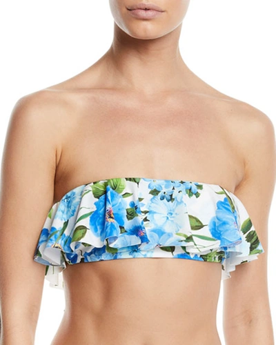 Milly Floral-print Ruffle Bandeau Bikini Top In Blue