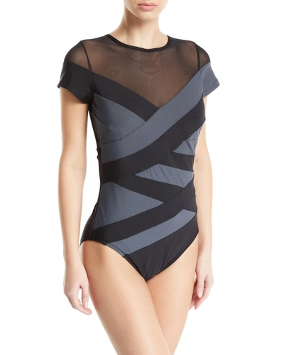 Magicsuit Reagan Cap-sleeve Colorblock One-piece Swimsuit In Black/gray