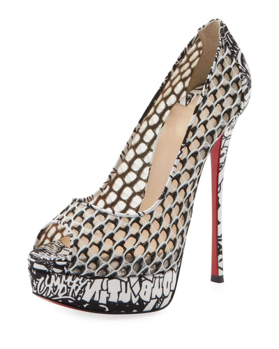 Christian Louboutin Fetish Fishnet Lace Extra High-heel Red Sole Pumps In Black/white
