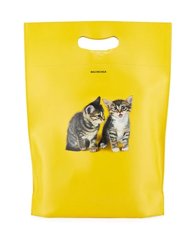 Balenciaga Men's Small Kitten Graphic Leather Shopper Tote Bag In Yellow/black