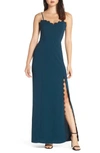 Wayf The Mia Lace Trim Front Slit Gown In Dark Teal