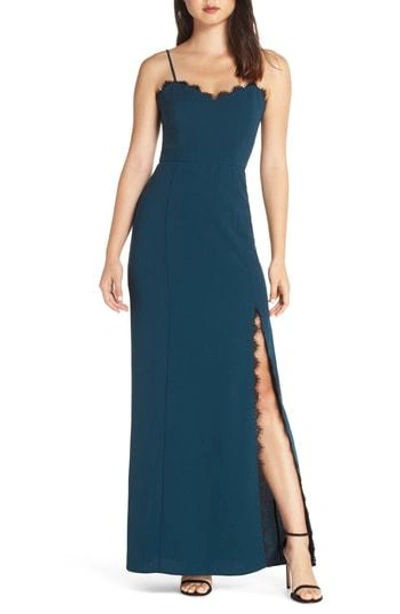 Wayf The Mia Lace Trim Front Slit Gown In Dark Teal