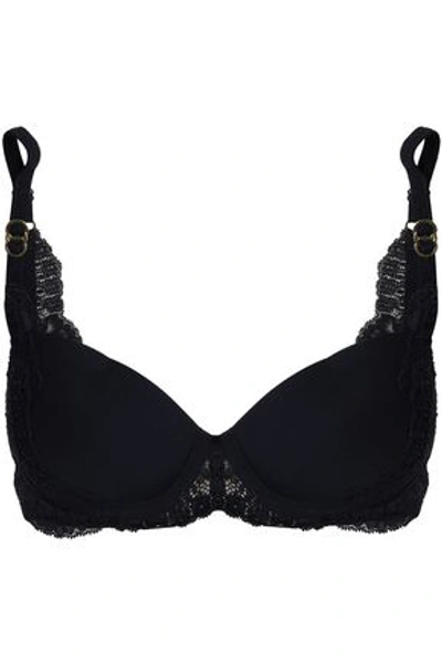 Stella Mccartney Lace And Stretch-jersey Underwired Push-up Bra In Midnight Blue