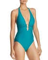 Carmen Marc Valvo Sash Waist Halter One Piece Swimsuit In Green