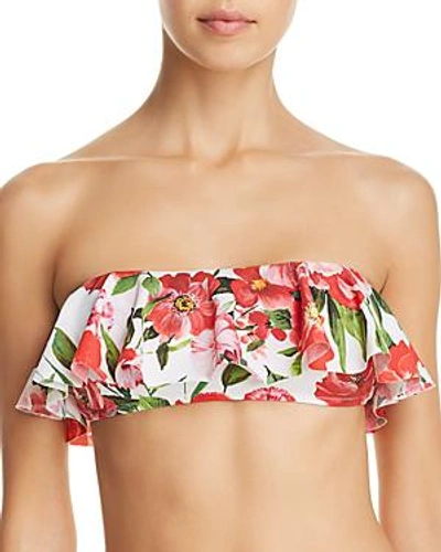 Milly Roses Print On Swim Ruffle Bandeau Bikini Top In Red Multi