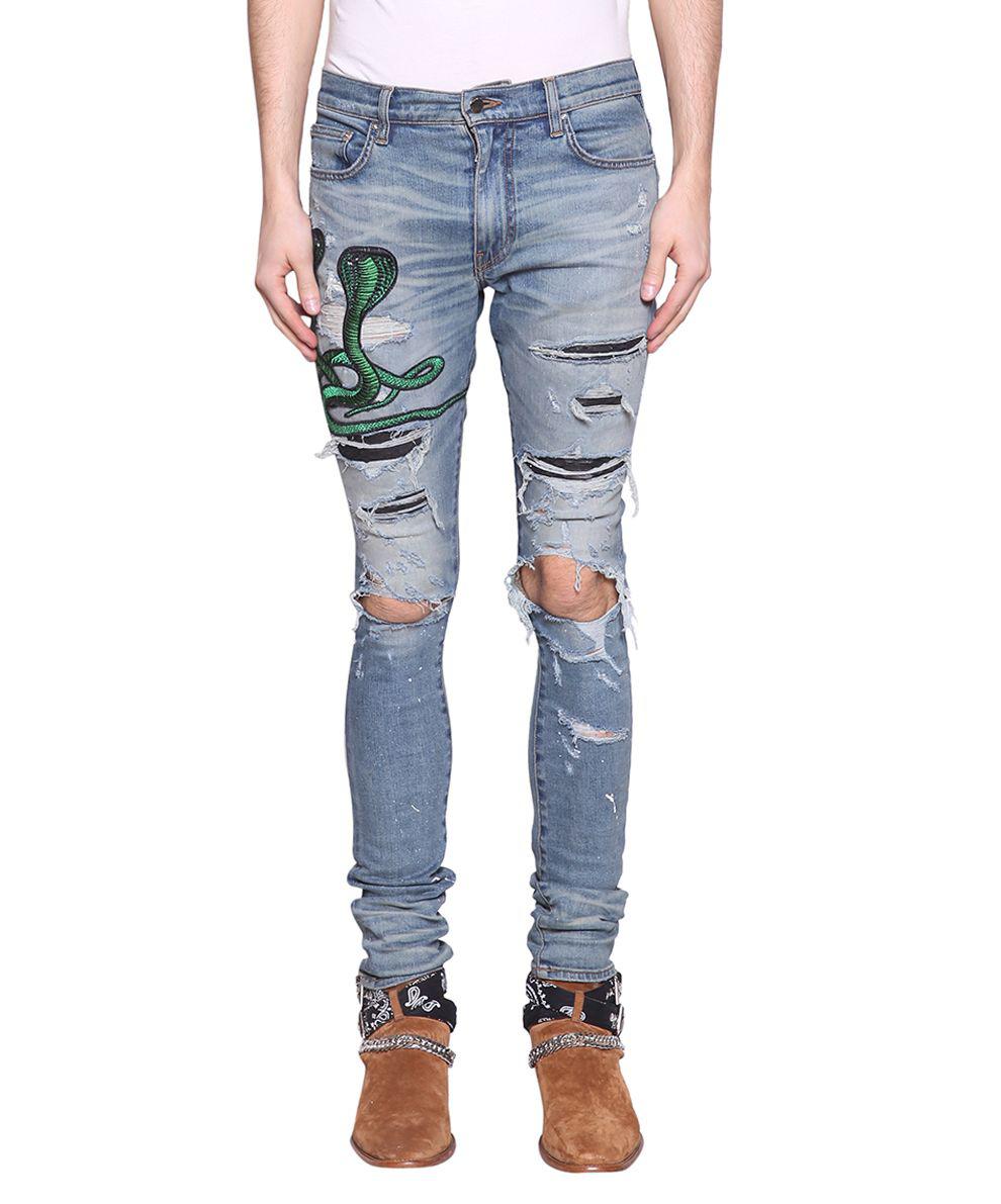 Amiri Art Patch Snake Cotton Denim Jeans In Blu | ModeSens
