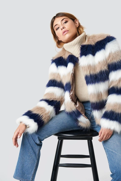 Na-kd Striped Faux Fur Jacket Multicolor In Beige/white/blue