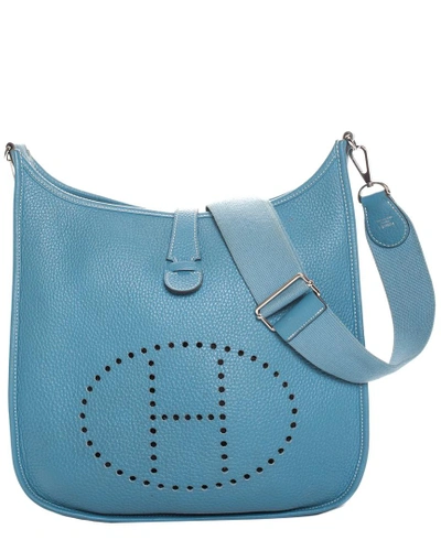 Pre-owned Hermes Blue Clemence Leather Evelyn Iii Pm In Nocolor