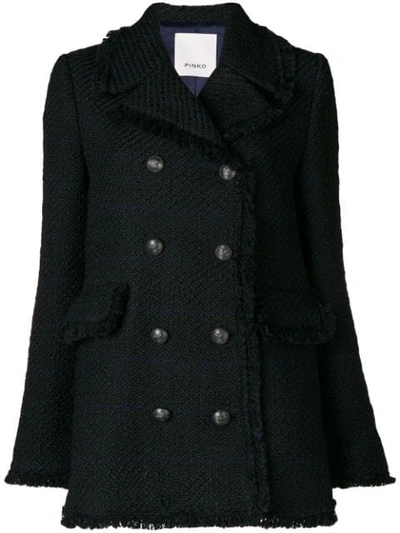 Pinko Frayed Double Breasted Coat In Black