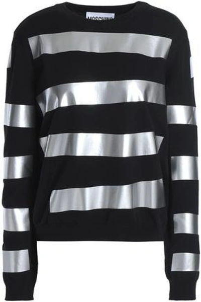 Moschino Woman Coated Striped Wool Sweater Black