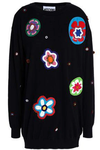 Moschino Woman Embellished Intarsia Cotton Sweater Black