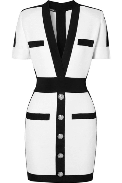 Balmain Two-tone Metallic Knitted Mini Dress In White