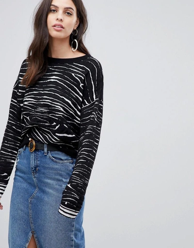 Liquorish Zebra Jaquard Sweater With Contrast Sleeve - Black