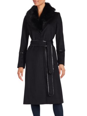 Badgley Mischka Shearling Collar Trench Coat In Black | ModeSens