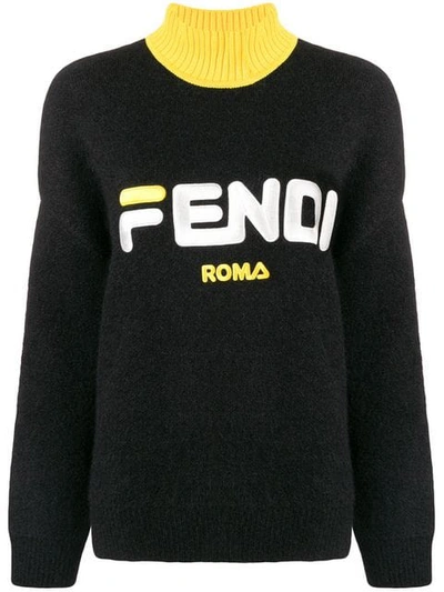Fendi Embroidered Wool And Cashmere-blend Turtleneck Sweater In Black