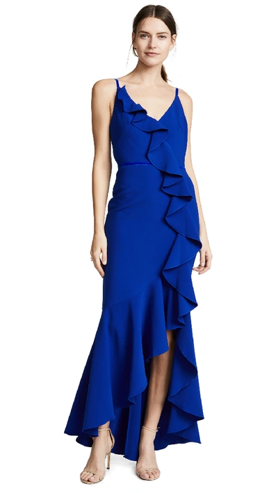 Marchesa Notte Sleeveless Stretch Crepe Ruffle Gown In Royal