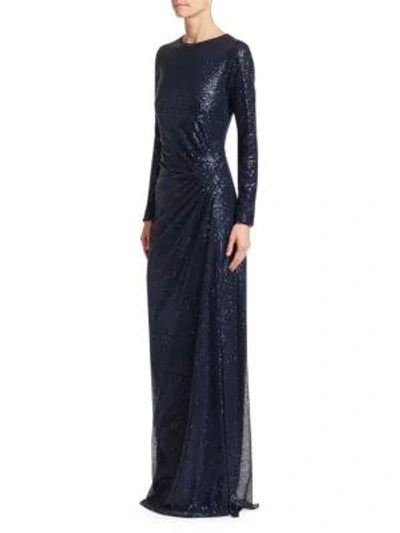 Teri Jon By Rickie Freeman Ruched Sequin Gown In Navy