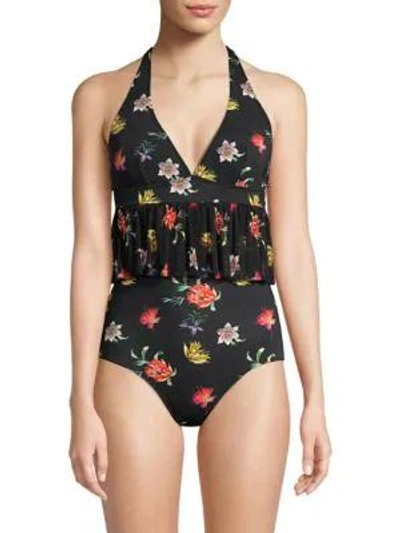 Fuzzi Swim Floral Ruffle One-piece Swimsuit In Black
