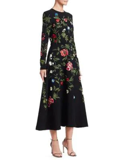 Oscar De La Renta Long Sleeve Floral Embroidered Dress In Black Multi
