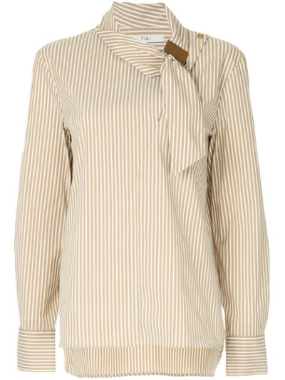 Tibi Kaia Striped Tie-collar Long-sleeve Shirt In Brown