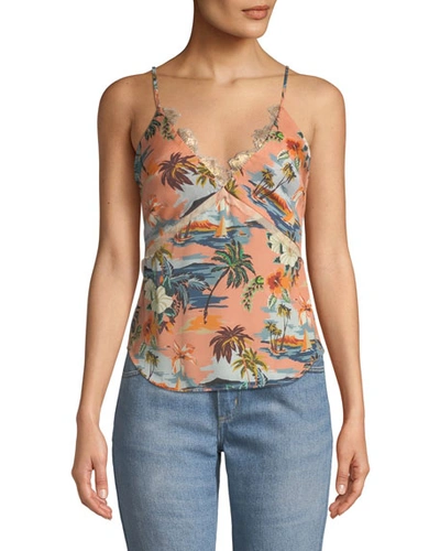 Le Superbe Vacation Printed Cami With Lace Trim In Multi Pattern