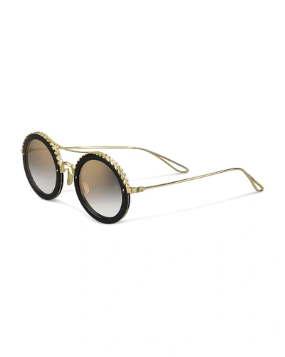 Elie Saab Mirrored Round Metal Sunglasses W/ Leaf Motifs In Black/gold