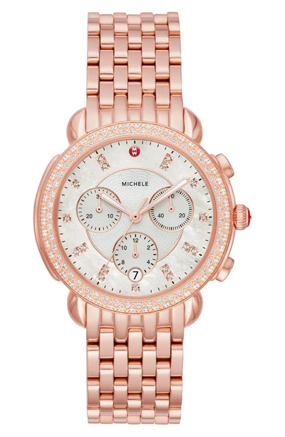 Michele Sidney 18 Chronograph Diamond Watch Head & Bracelet, 38mm In Rose Gold/ Mop/ Rose Gold