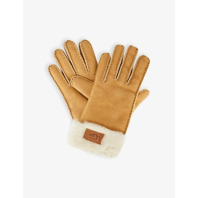 Ugg Logo-embroidered Turn-up Leather And Shearling Gloves In Chestnut