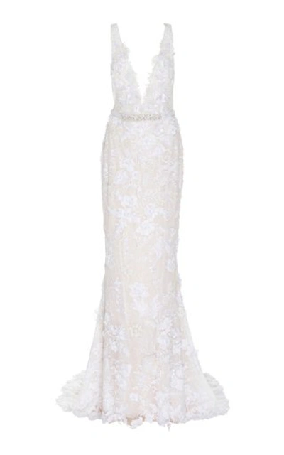 Mira Zwillinger Dara Open-back Chantilly Lace Sheath Gown In White
