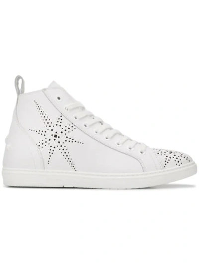 Jimmy Choo Colt White Sport Calf Leather High Top Trainer With Black Star Preforation