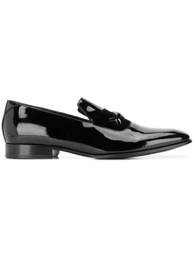 Jimmy Choo Sawn Black Patent Slipper Shoes With Black Velvet Ribbon Detail And Crystal Stone Detailing