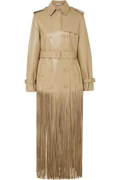 Valentino Double-breasted Fringed Leather Trench Coat In Beige
