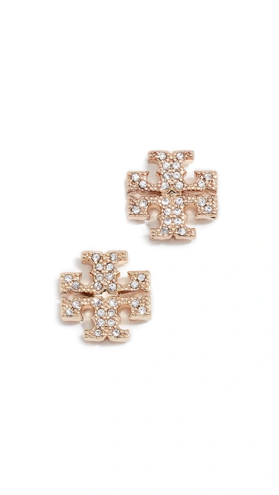 Tory Burch Crystal Logo Stud Earrings In Rose Gold/ Crystal
