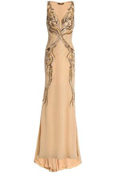 Roberto Cavalli Embellished Crepe Gown In Beige