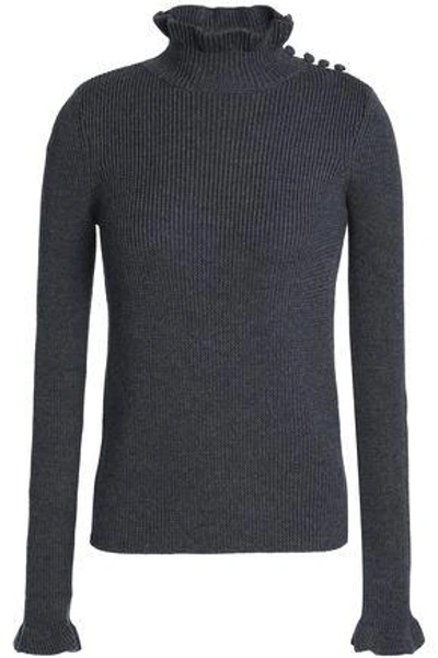 See By Chloé Woman Ruffle-trimmed Ribbed Wool Turtleneck Sweater Anthracite