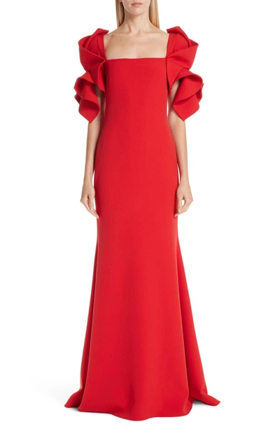 Badgley Mischka Ruffle Sleeve Evening Dress In Bright Red