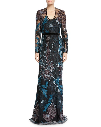 Badgley Mischka Long-sleeve Floral Embroidered Gown In Black
