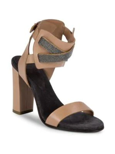 Brunello Cucinelli Studded Leather Block Heel Sandals In Nude